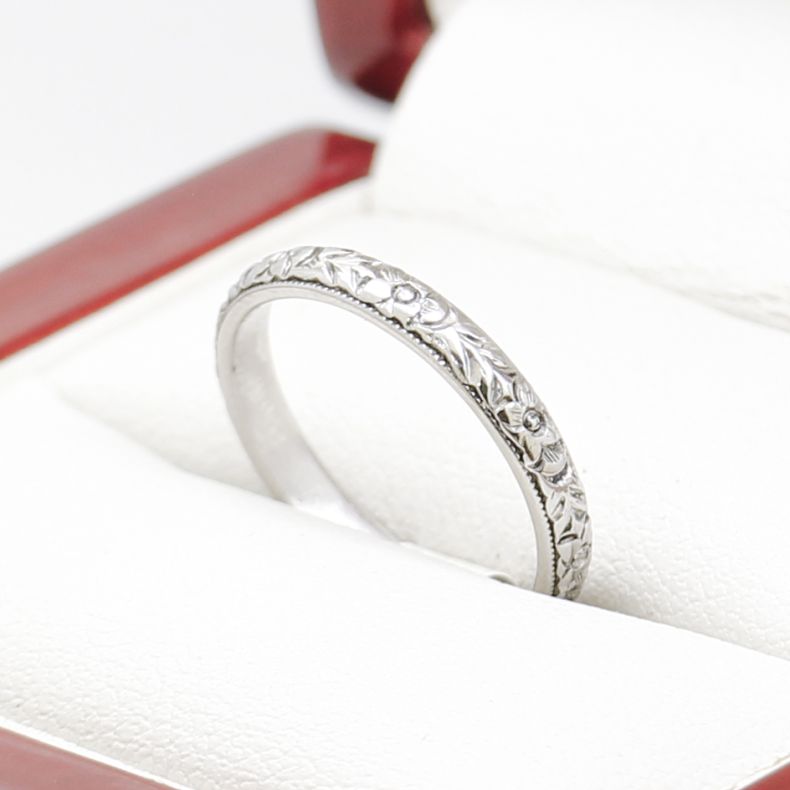 Art Deco Platinum Wedding Band with Flower Etching