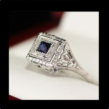 Vintage engagement ring, Art Deco Sapphire engagement ring, 