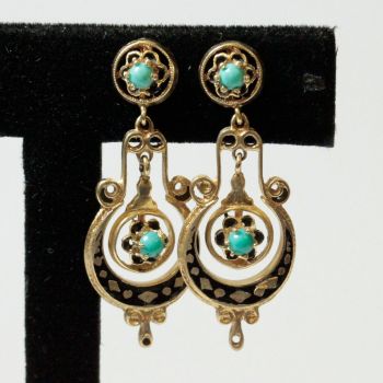 Antique Earrings with Enamel and Turquoise, Drop Pierced Earrings with Turquiose Cabochons