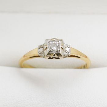 Yellow Gold Diamond Ring, 3 Stone Diamond Engagement Ring, Platinum Engagement Ring, Geometric Style Engagement Ring, Square Platinum Collet Engagement Ring