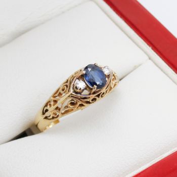 Vintage Sapphire & Diamond set Yellow Gold, Filigree Engagement Ring