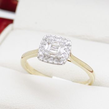 Yellow Gold Baguette Square Cluster Diamond Engagement Ring, New