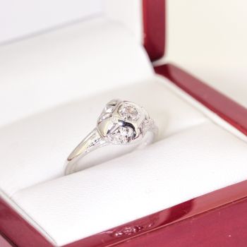 Vintage Petite engraved filigree Diamond Engagement Ring, 14ct white gold, Art Deco era