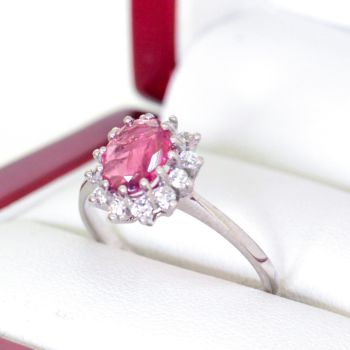 Natural Pink Sapphire Ring in White Gold with Diamonds in a Halo setting