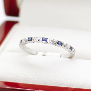 Art Deco Style Sapphire and Diamond Band with Baguette & Round Diamonds Engraved Wedding Ring 