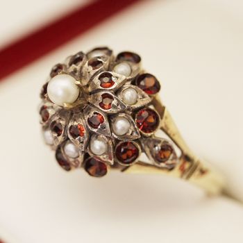 Stunning Antique Pearl and Garnet princess cluster ring, cocktail ring, handmade