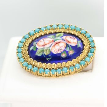 Antique Brooch in 18ct Gold with Enamel and Turquoise, Victorian