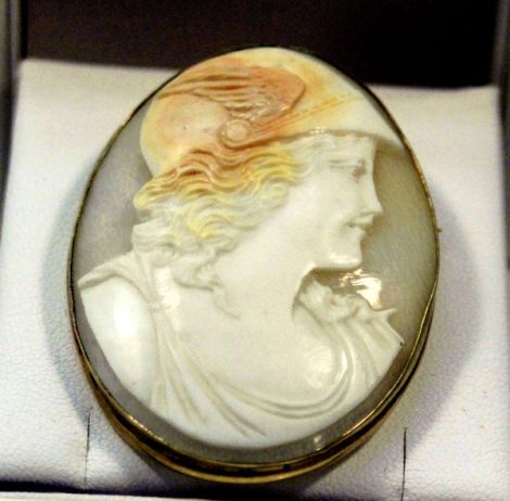 Lovely Art Deco to Art Nouveau Shell Coral Cameo brooch/pin with Sardonox carving 