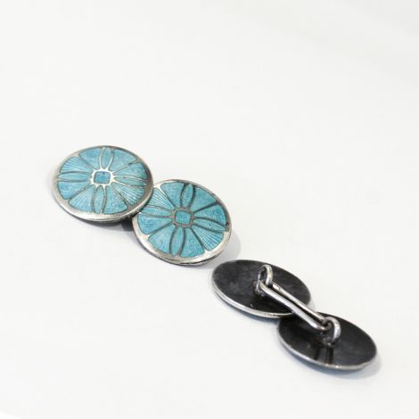 Art Deco Sterling Silver guillioche cufflinks in Aqua blue with a “wheel” design