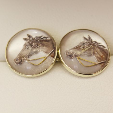 Antique 1920s reverse intaglio Essex crystal horse head cuff links, in 14ct gold.
