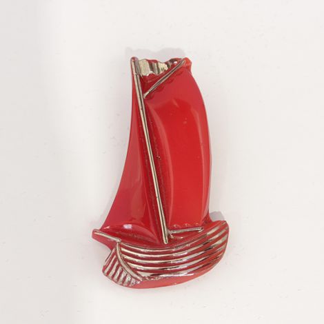 Great Deco era, Red sailing ship Bakelite Dress clip, novelty dress clip.