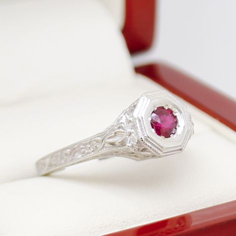 Art Deco Engraved Engagement Ring, Art Deco Ruby Ring, Vintage Ruby Engagement Ring, Vintage Filigree Ruby Ring, Vintage White Gold Ruby Ring, Sydney Vintage Jewellery, Australia Vintage Jewellery, Vintage Engraved Ring, 