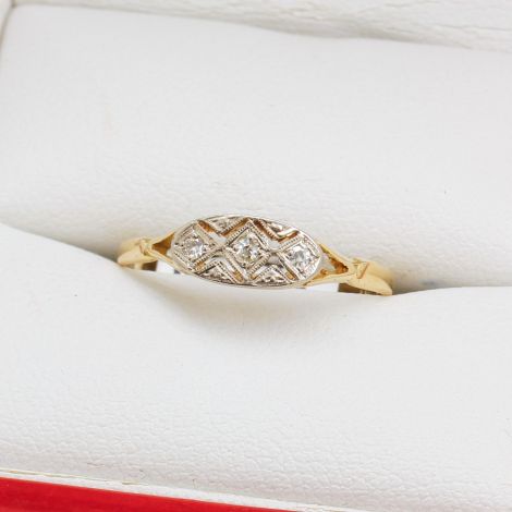 Art Deco 3 Stone Diamond Ring, Two Tone