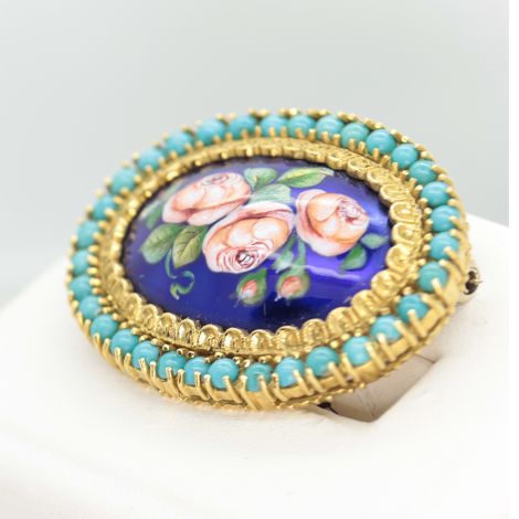 Antique Brooch in 18ct Gold with Enamel and Turquoise, Victorian