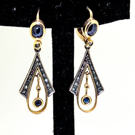 Art Deco Antique Earrings with Blue Sapphire Cabochons and Rose Cut Diamonds, VS1-SI, Chandelier Earrings, Sapphire Earrings