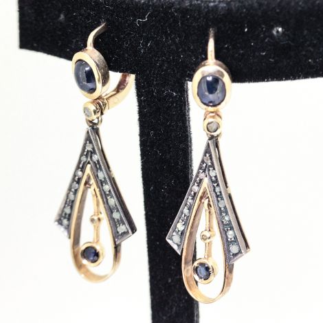 Art Deco Antique Earrings with Blue Sapphire Cabochons and Rose Cut Diamonds, VS1-SI, Chandelier Earrings, Sapphire Earrings