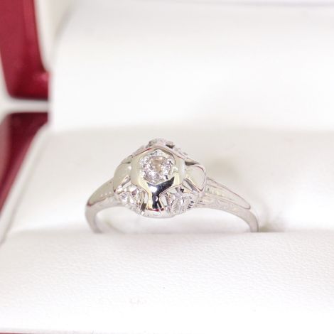 Vintage Petite engraved filigree Diamond Engagement Ring, 14ct white gold, Art Deco era