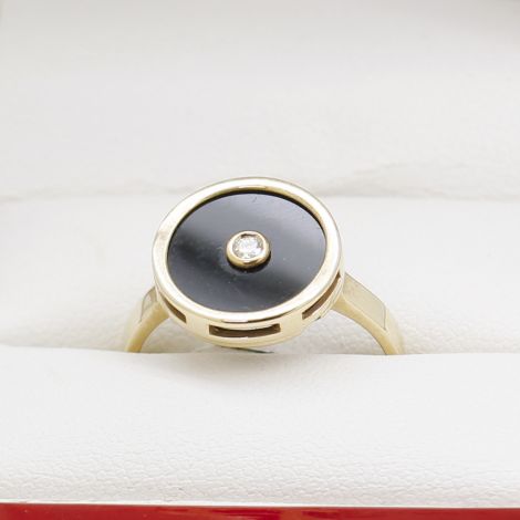 Yellow Gold Round Black Onyx Ring with Diamond Bezel Set, New