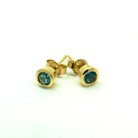 Blue Topaz Earrings in Yellow Gold, New Earrings, 4mm Round Bezel Set Blue Topaz