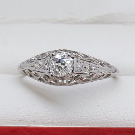Vintage Filigree Old European Cut White Gold Engagement Ring
