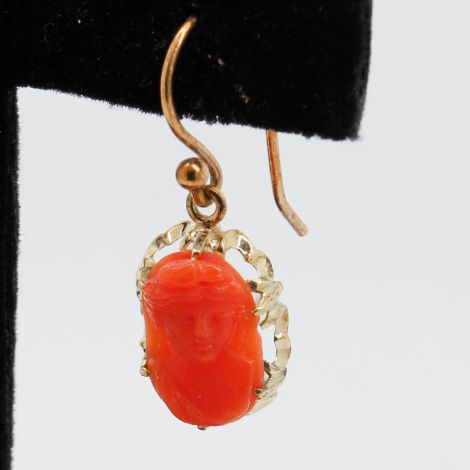 Antique Coral Cameo Drop Earrings