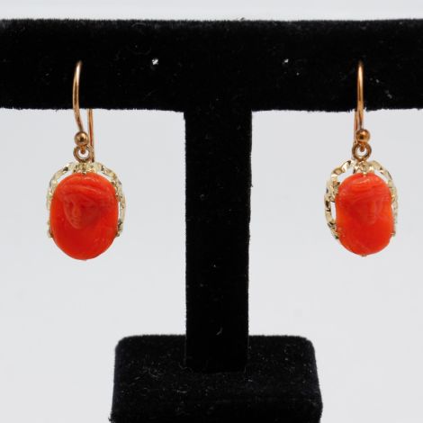 Antique Coral Cameo Drop Earrings
