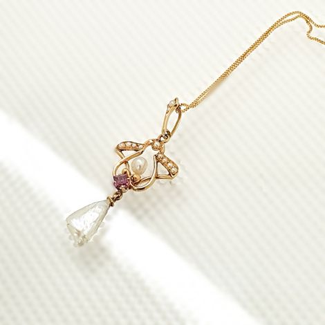 Handmade Vintage C1940'S late Deco Pearl pendant with Abstract Pearl drop in Yellow Gold, beautiful