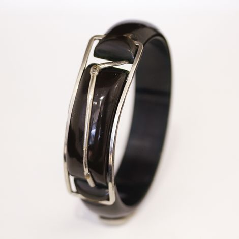Art Deco era Black Bakelite Clamper Bangle with metal Polo mallet 