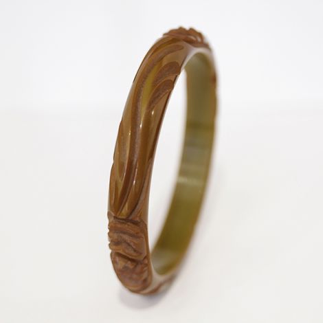 Art Deco Greenish Brown deeply carved Bakelite bangle.  Vintage Bangle.