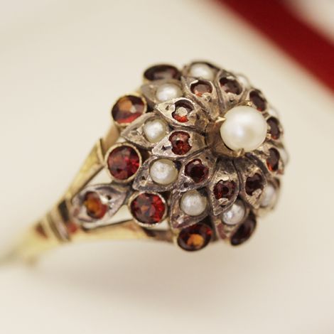 Stunning Antique Pearl and Garnet princess cluster ring, cocktail ring, handmade
