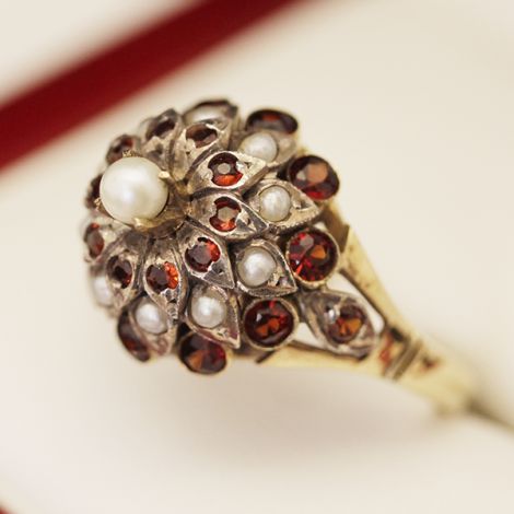 Stunning Antique Pearl and Garnet princess cluster ring, cocktail ring, handmade