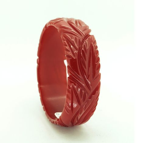Art Deco Cherry Red Bakelite Bangle, with Lovey Leaf Carvings. C1920