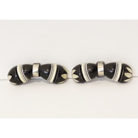 Rare Art Deco Black and White carved Bakelite shoe clips.  Circa 1940s.