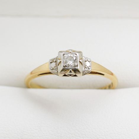 Yellow Gold Diamond Ring, 3 Stone Diamond Engagement Ring, Platinum Engagement Ring, Geometric Style Engagement Ring, Square Platinum Collet Engagement Ring