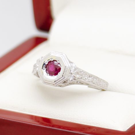 Art Deco Engraved Engagement Ring, Art Deco Ruby Ring, Vintage Ruby Engagement Ring, Vintage Filigree Ruby Ring, Vintage White Gold Ruby Ring, Sydney Vintage Jewellery, Australia Vintage Jewellery, Vintage Engraved Ring, 