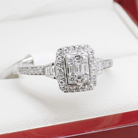 Diamond Halo Engagement Ring, Halo Engagement Ring, White Gold Diamond Cluster Engagement Ring & Band, Bridal Set, New, Cluster Diamond Engagement Ring, Sydney Vintage Jewellery, Sydney Vintage Engagement Rings, Sydney Antique Jewellery, Diamond Engagemen