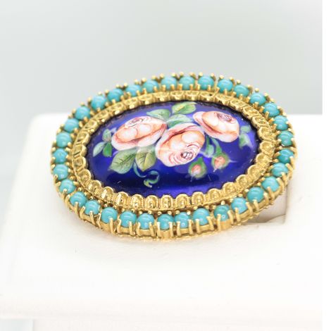 Antique Brooch in 18ct Gold with Enamel and Turquoise, Victorian