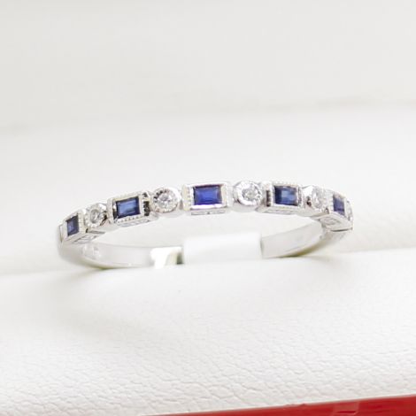 Art Deco Style Sapphire and Diamond Band with Baguette & Round Diamonds Engraved Wedding Ring 