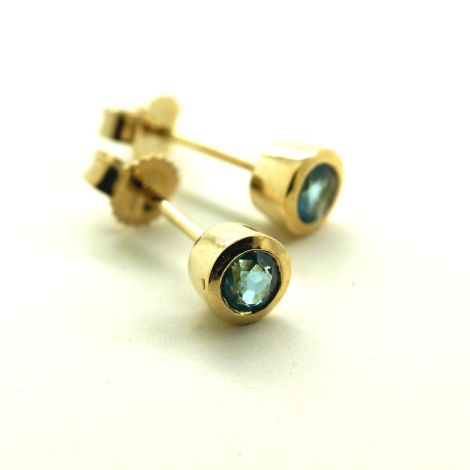 Blue Topaz Earrings in Yellow Gold, New Earrings, 4mm Round Bezel Set Blue Topaz